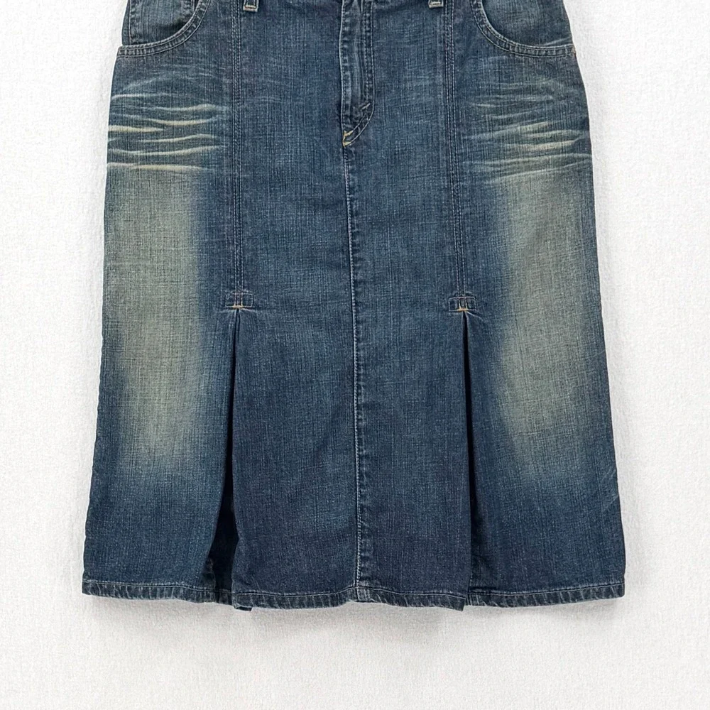 LEVIS Vintage Y2K Denim Skirt Women 28 Blue Pleated Midi Distressed USA Made - Picture 6 of 14